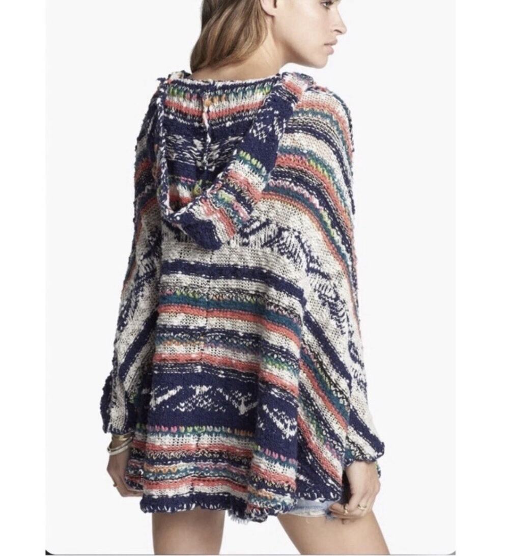 Free People Striped Knit Bubble Tea Yarn Poncho XS/S Hooded Pocket Sweater Boho